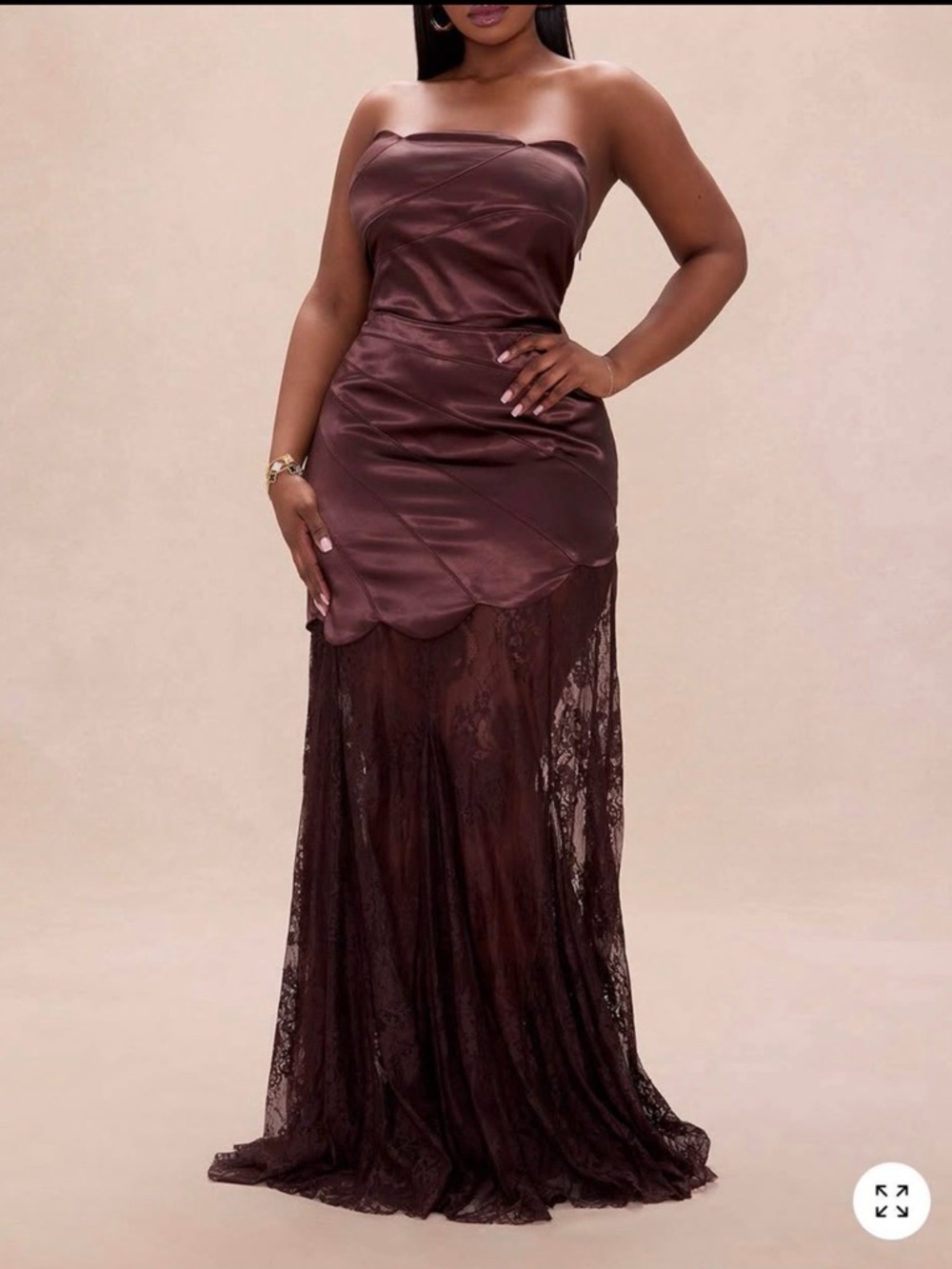 Fashion Nova Strapless Lace Satin Mermaid Gown in Deep Brown